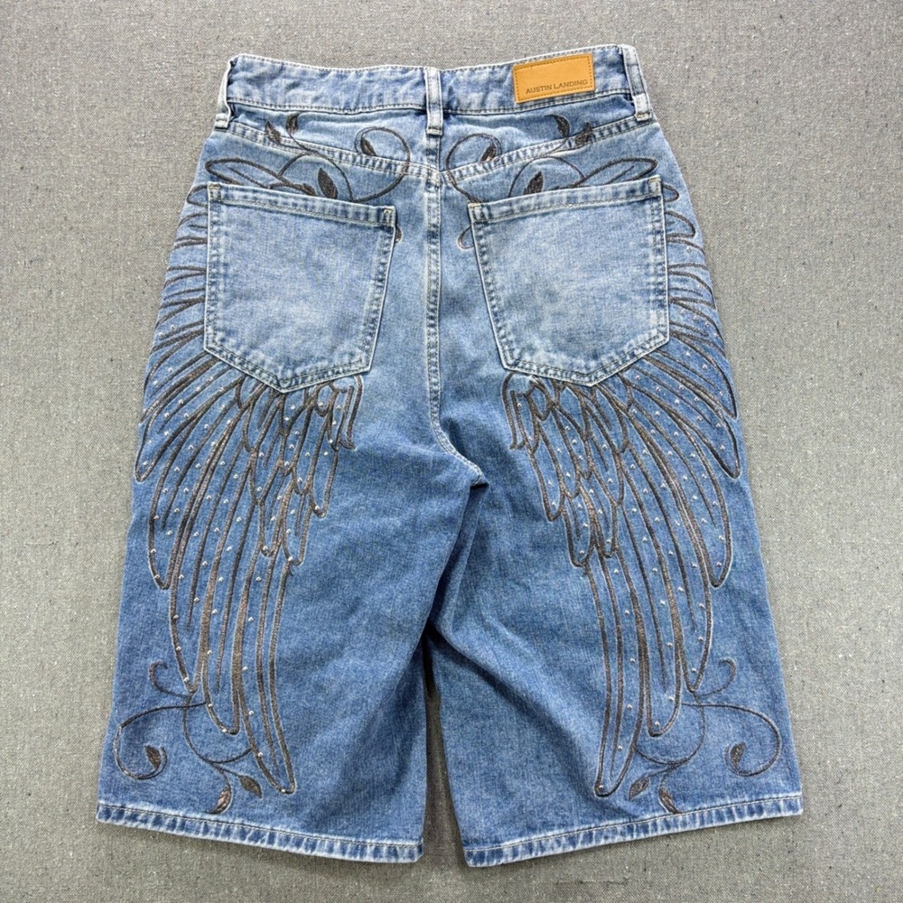 Austin Landing Blue Denim Angel Wing Embroidered Shorts Size 3 Wide Leg Jorts